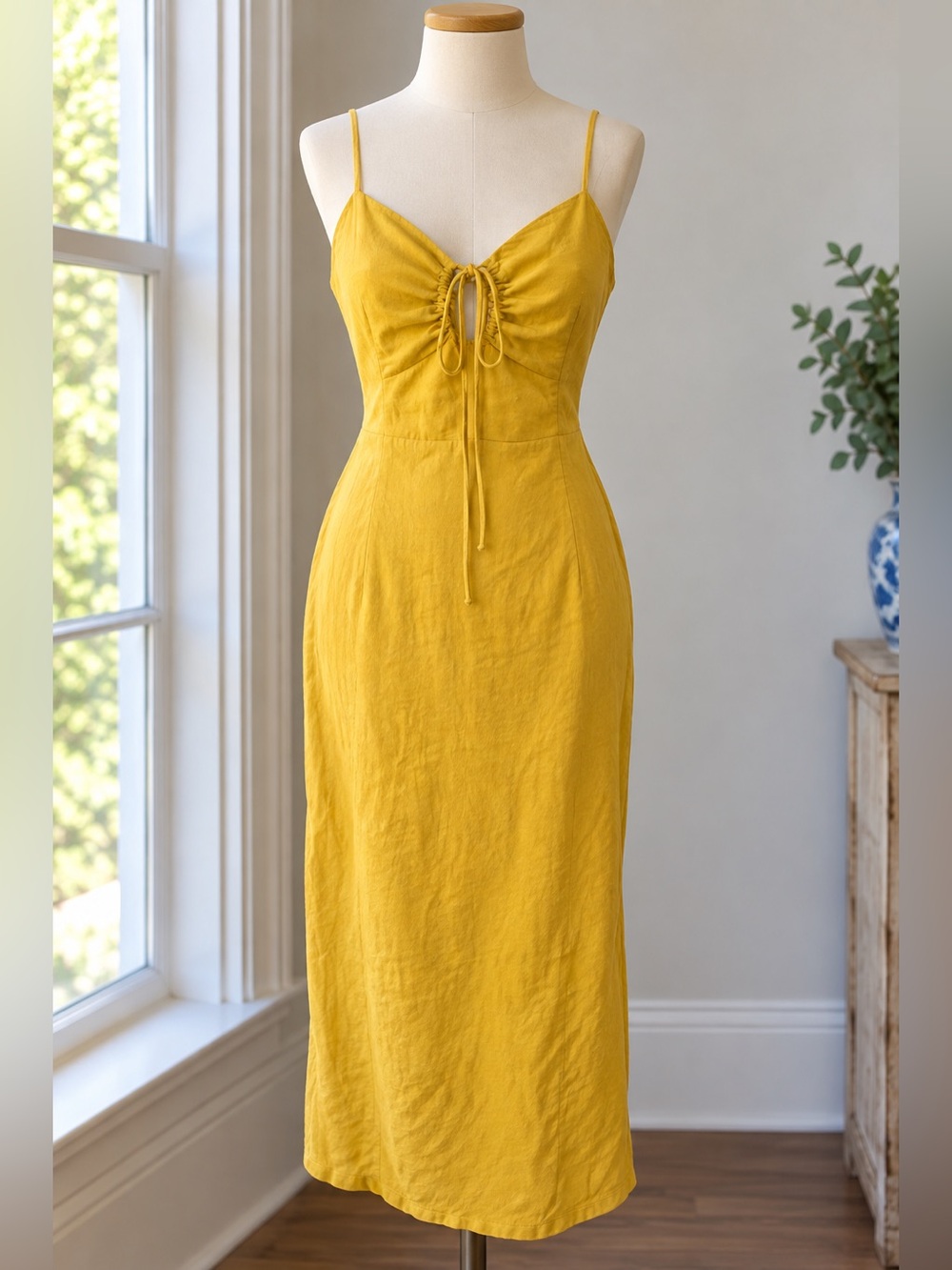 Zara Mustard Yellow Midi Dress XS Ruched Tie Front Spaghetti Strap Fall